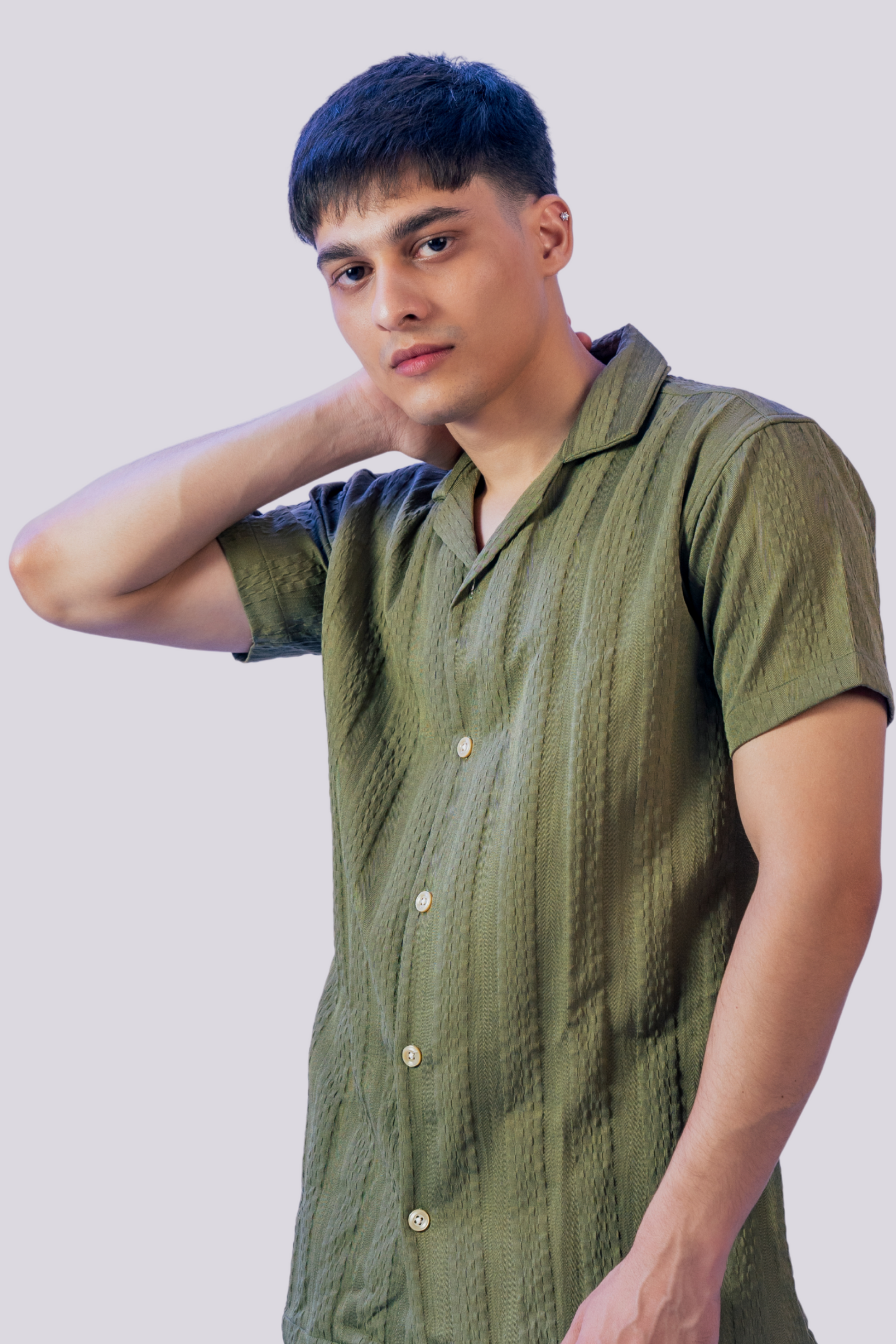 Sage-wood Green Textured Cotton Shirt