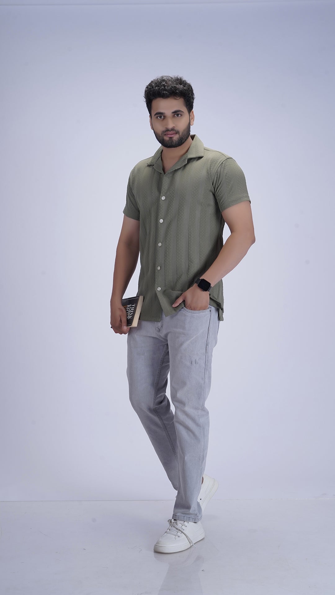 Sage-wood Green Textured Cotton Shirt