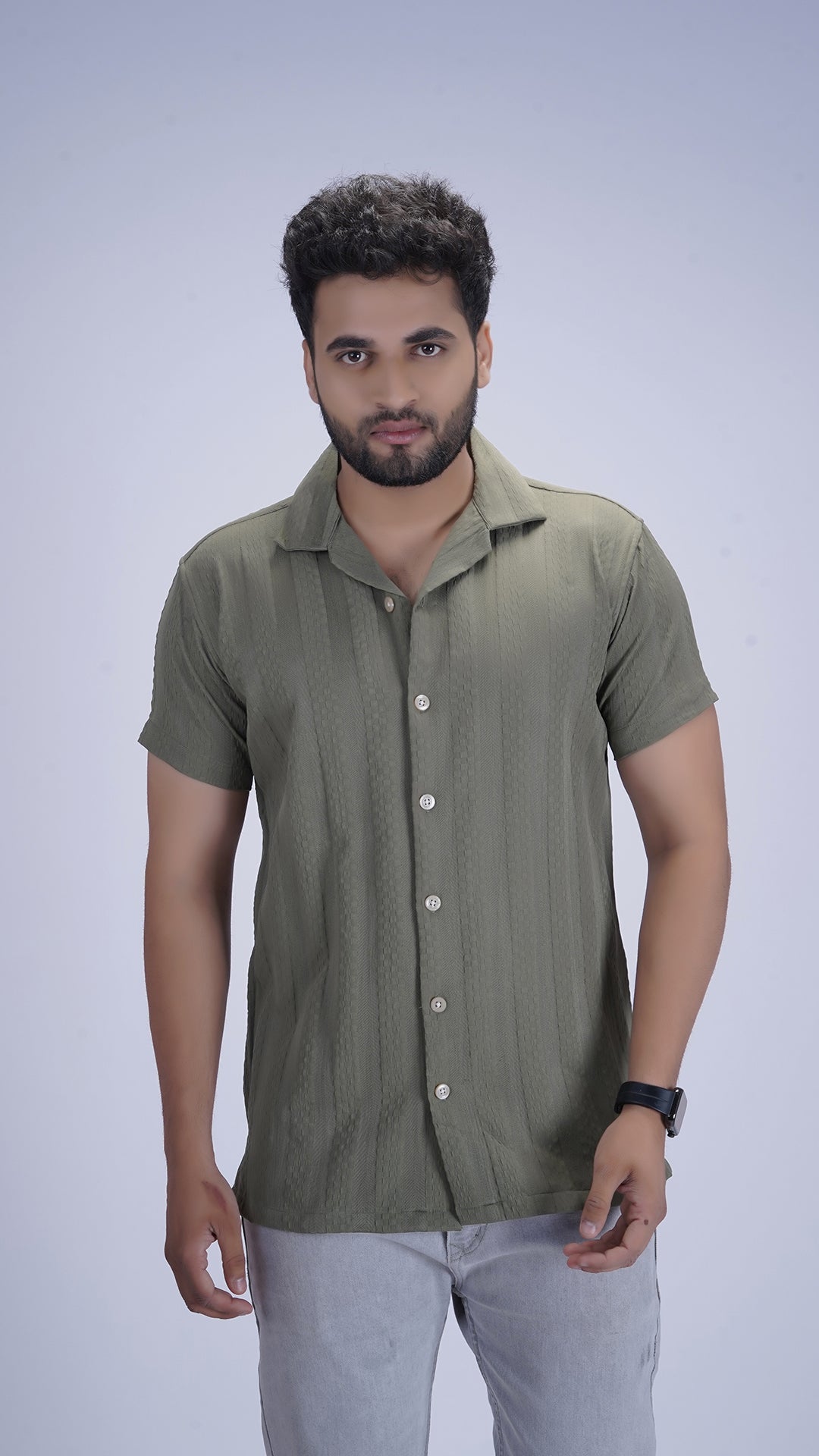 Sage-wood Green Textured Cotton Shirt