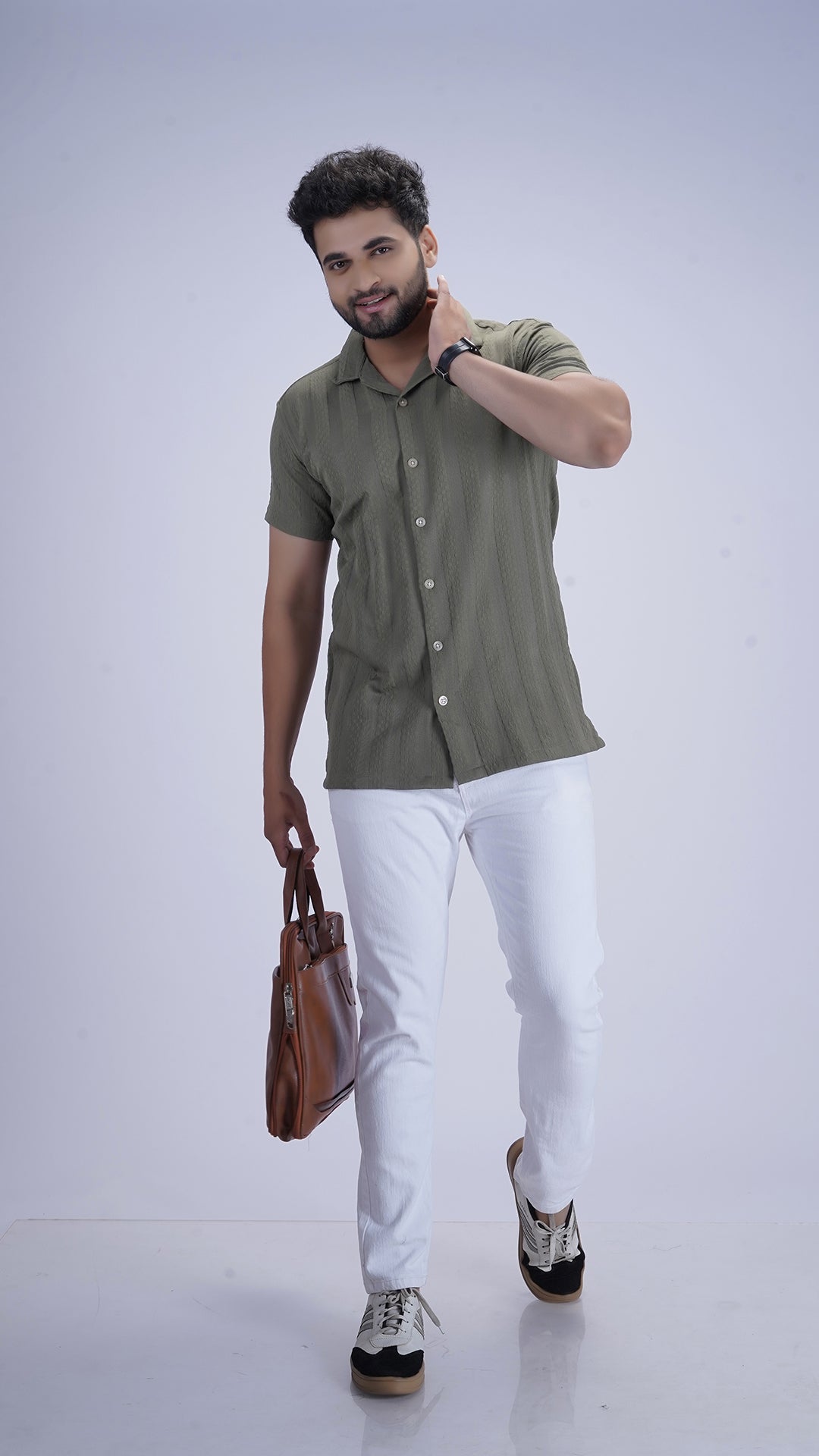 Sage-wood Green Textured Cotton Shirt