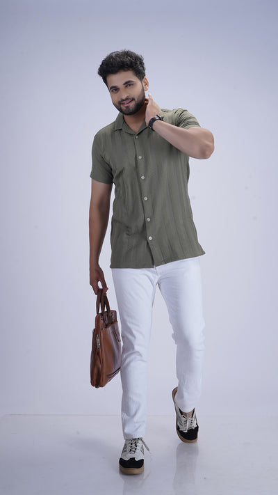 Sage-wood Green Textured Cotton Shirt