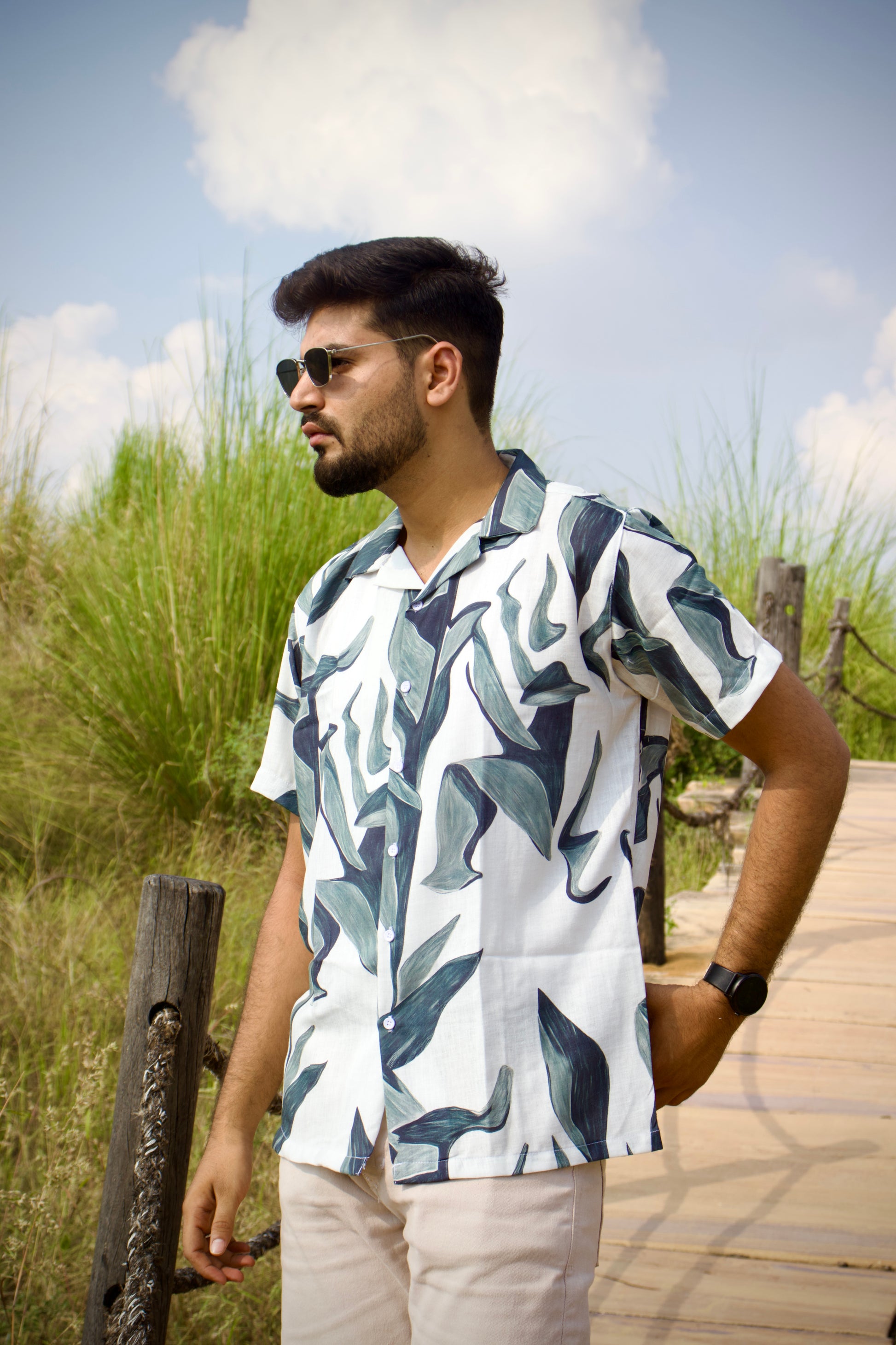 Grey-Leaf Pattern Shirt